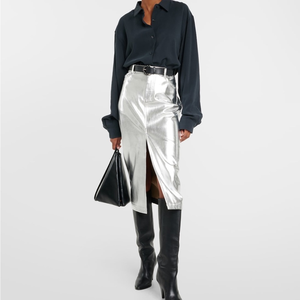 Scoop Metallic Faux Leather Midi Skirt, Silver, Sz 8 (31”), NWT